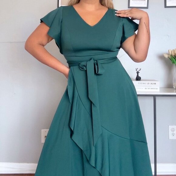 Women's Plus Size Formal Wedding Guest Dress with Ruffles V-Neck Long Low Party - Picture 10 of 16